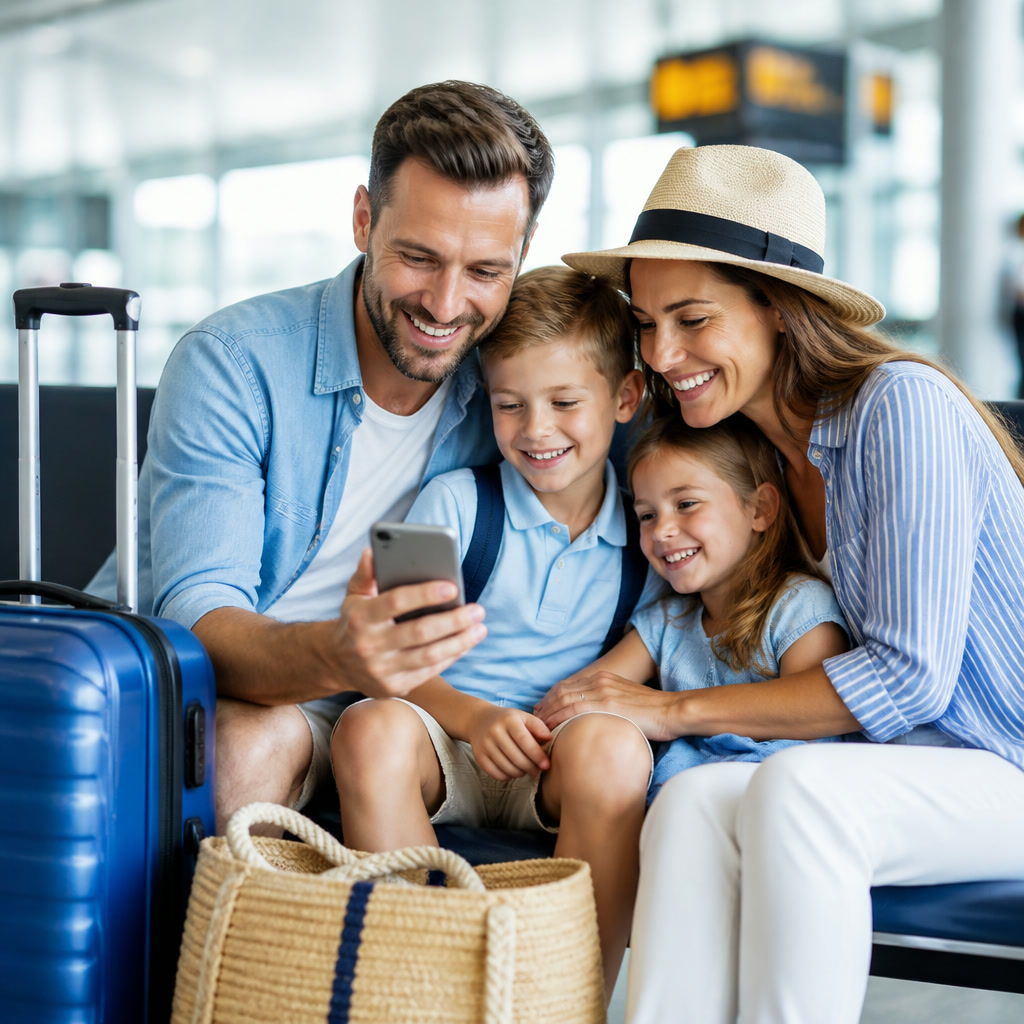 Family using a phone at the airport